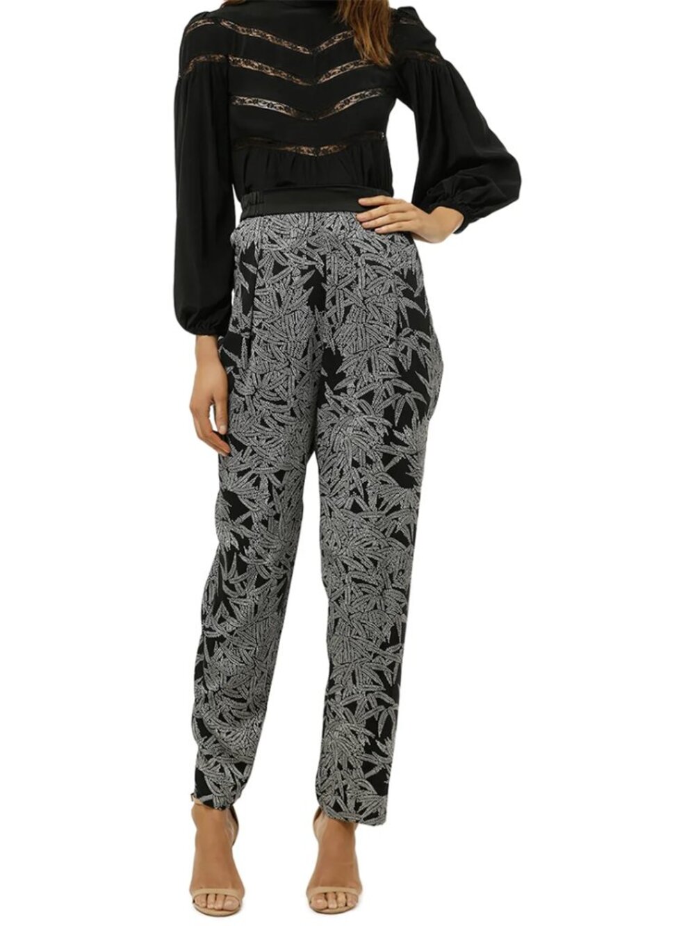Diane Von Furstenberg Bamboo Print Pants Size P XS Silk Blend Pockets Black